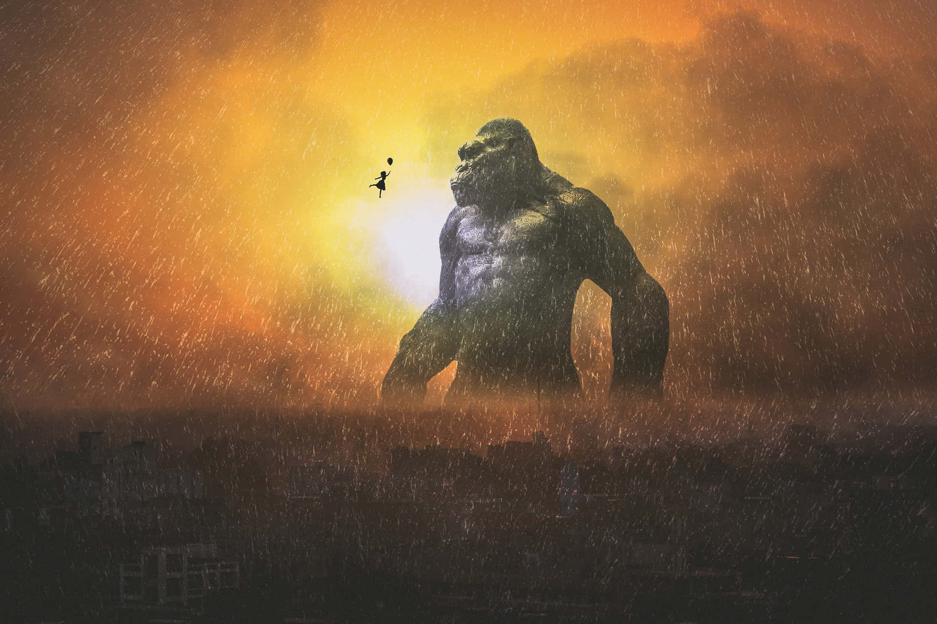 King Kong Standing Tall On A Building Against A Fiery Background Background