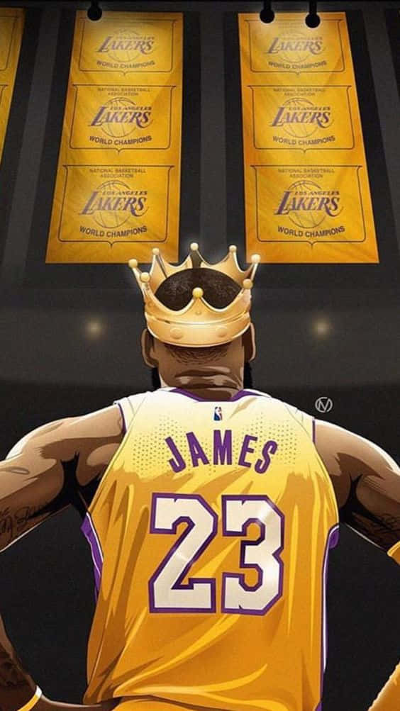 King Lebron James With The Banners Of Lakers Background