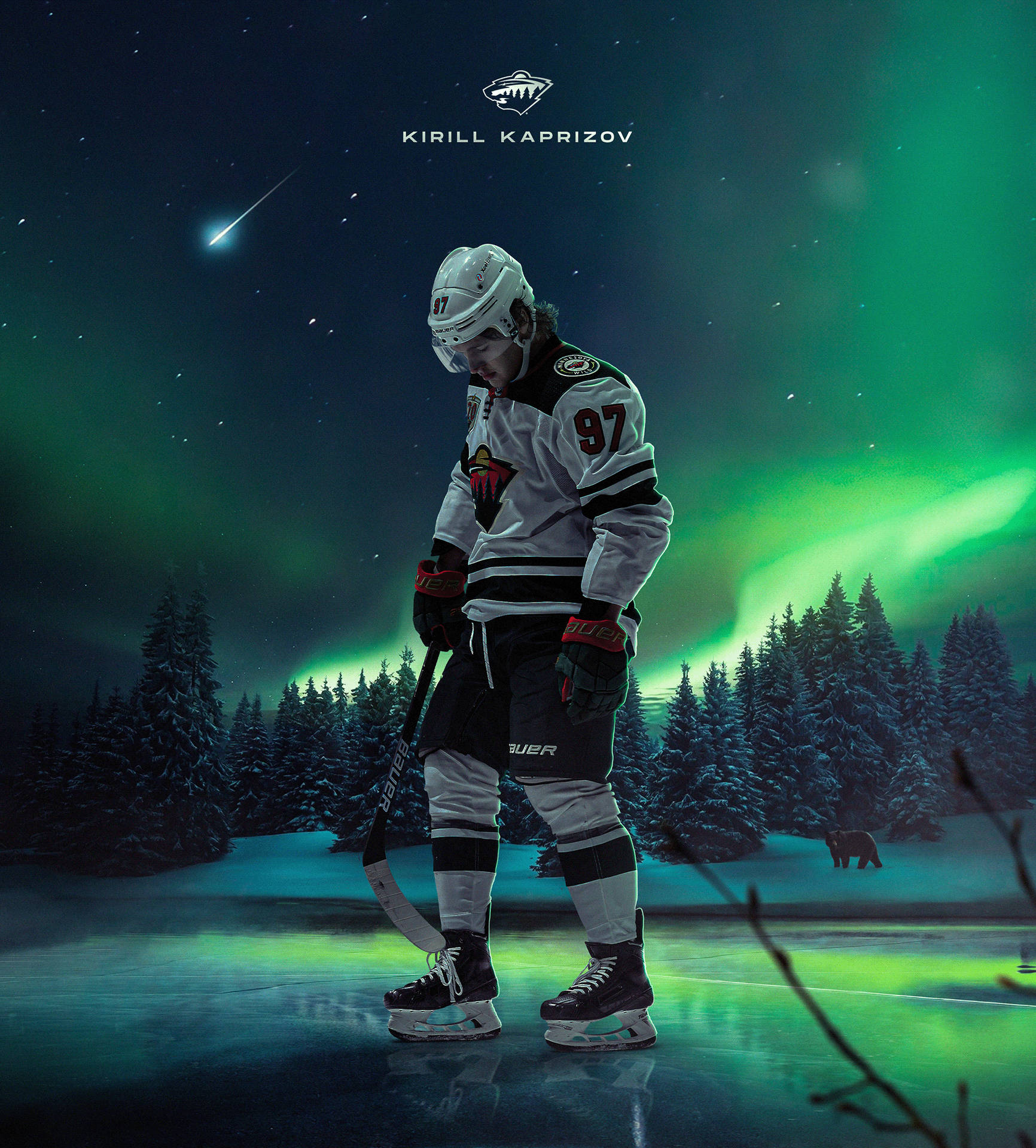 Kirill Kaprizov Against The Backdrop Of Aurora Borealis Background