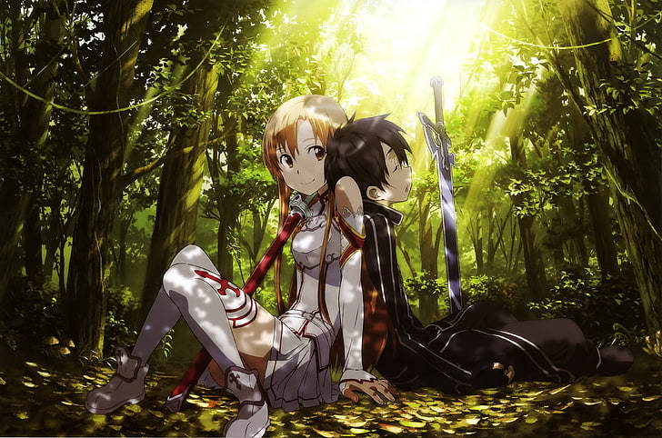 Kirito And Asuna In Forest Background