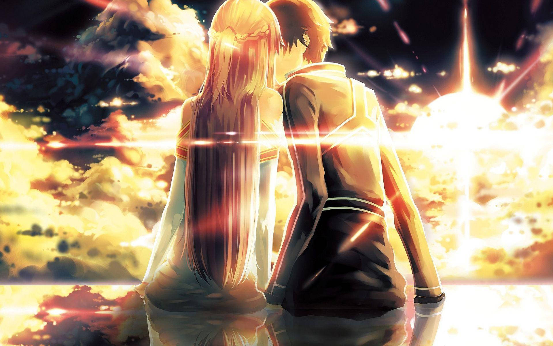 Kissing During Golden Sunset Love Anime Background