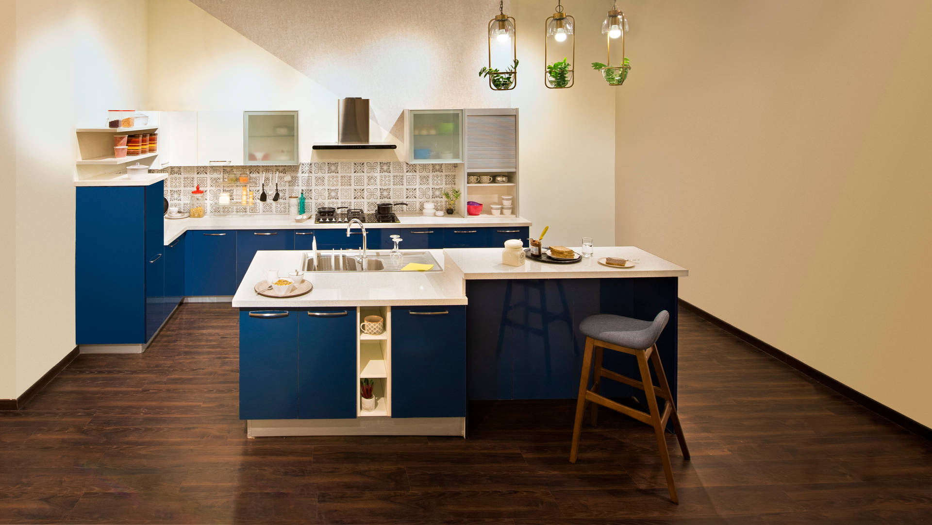 Kitchen Design With Blue Cabinets Background