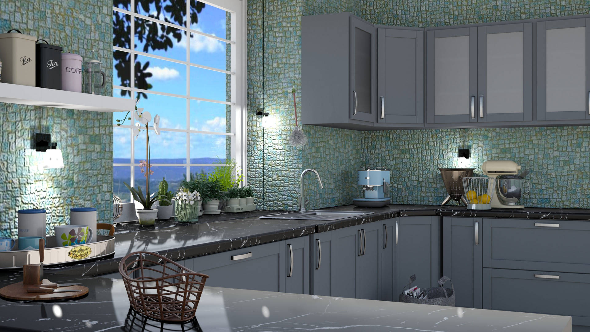 Kitchen Design With Tiled Walls Background