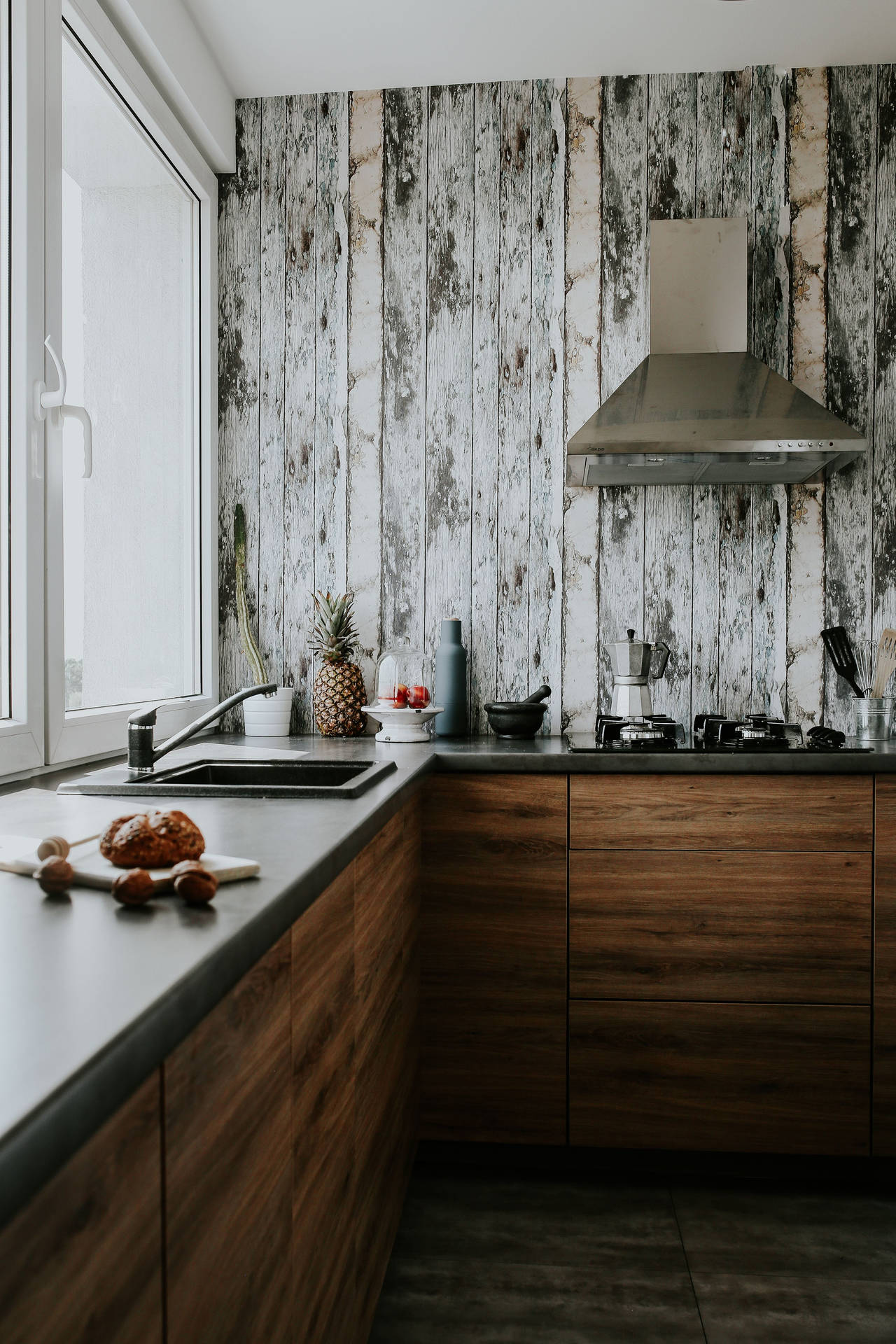 Kitchen Design With Wooden Walls Background