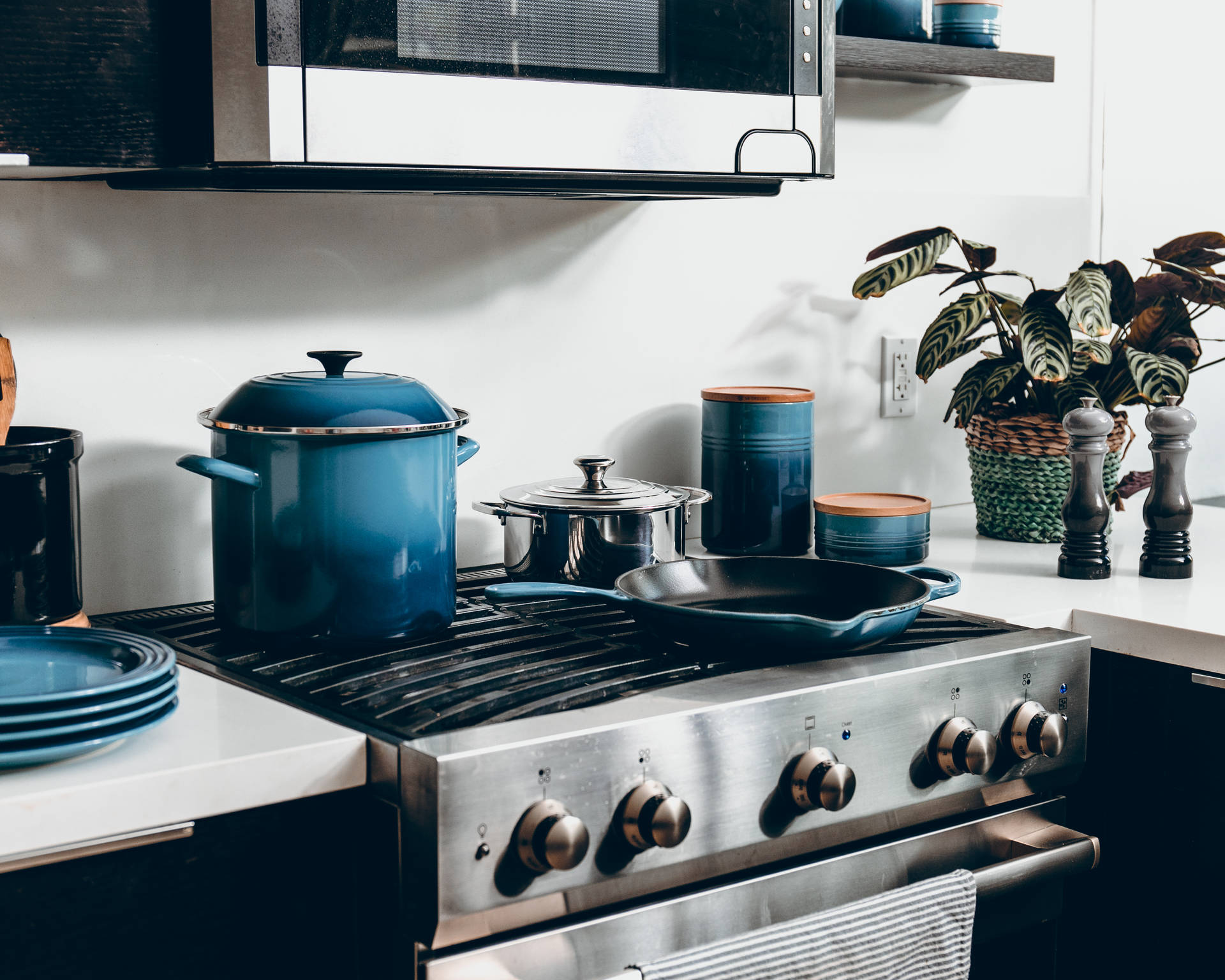 Kitchen With Beautiful Blue Cookware Background