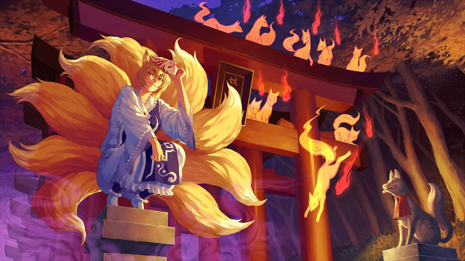 Kitsune With Blonde Tails Background