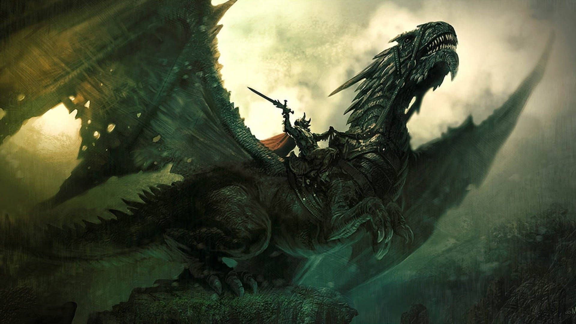 Knight Riding Green Dragon Background