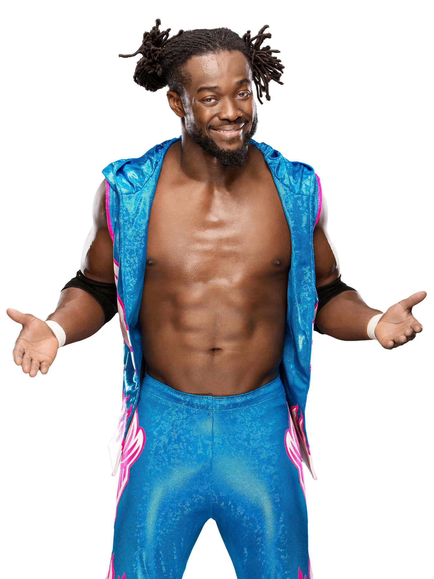 Kofi Kingston In Blue And Pink Wrestling Tights