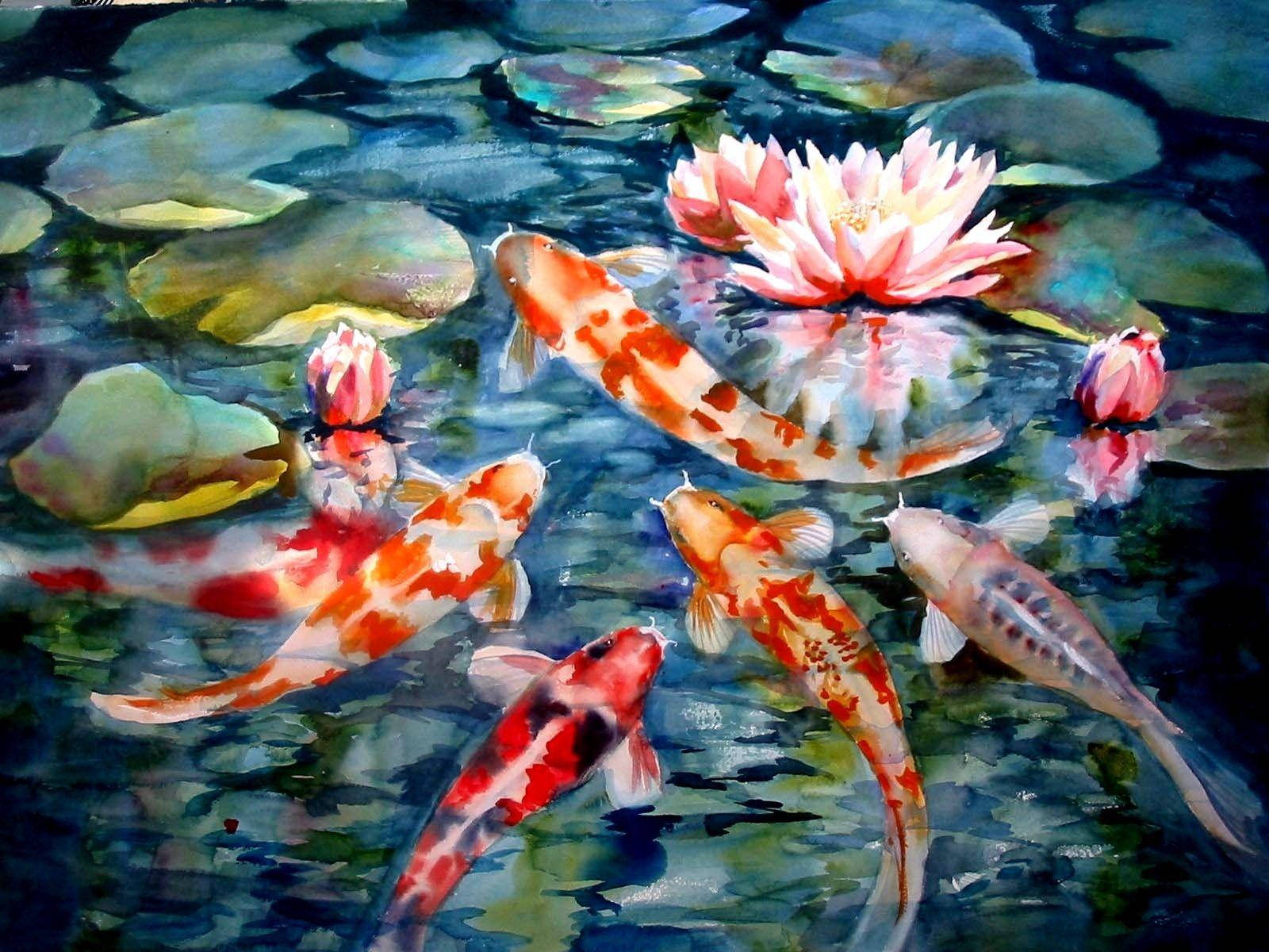 Koi Fish Among Lilies Painting