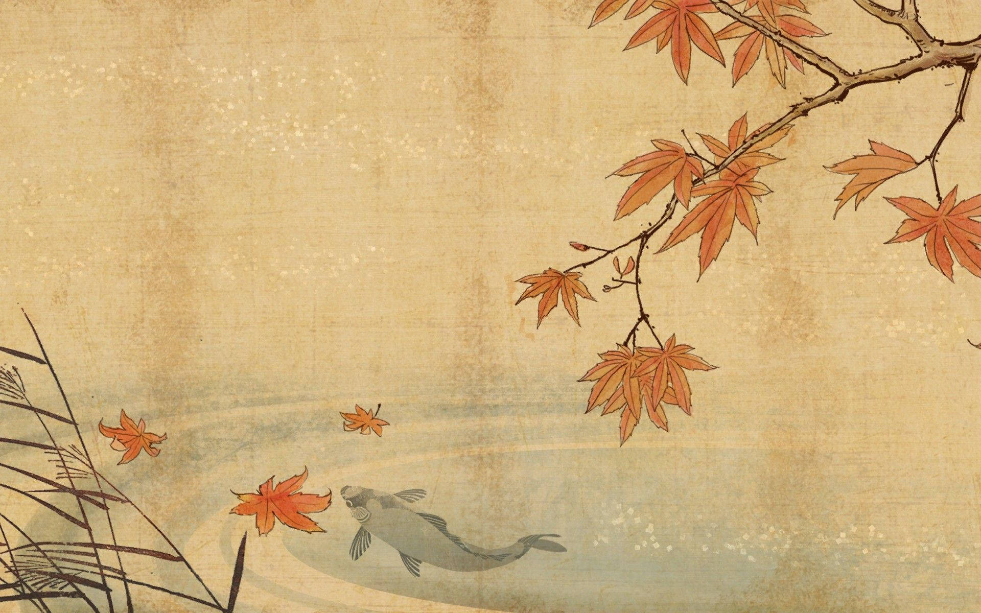 Koi In Autumn Japanese Art Background