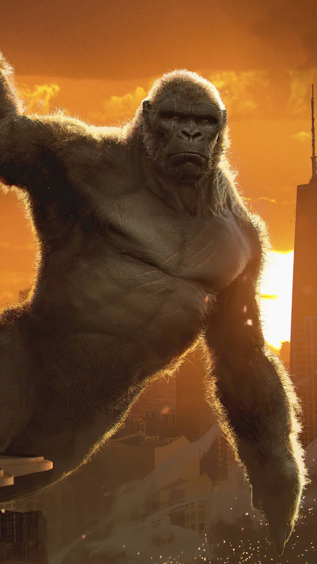 Kong - The Gorilla Is Flying Over The City Background