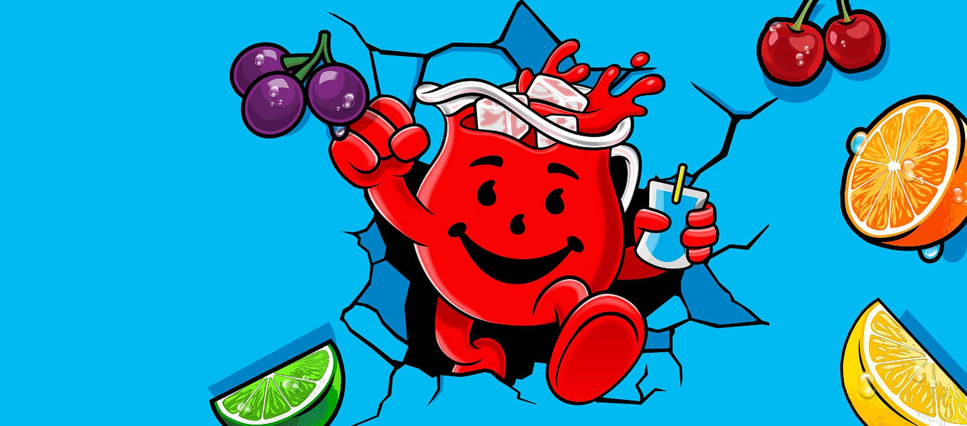 Kool-aid Man, The Iconic Drink Mascot, Surrounded By Assortment Of Fruits Background