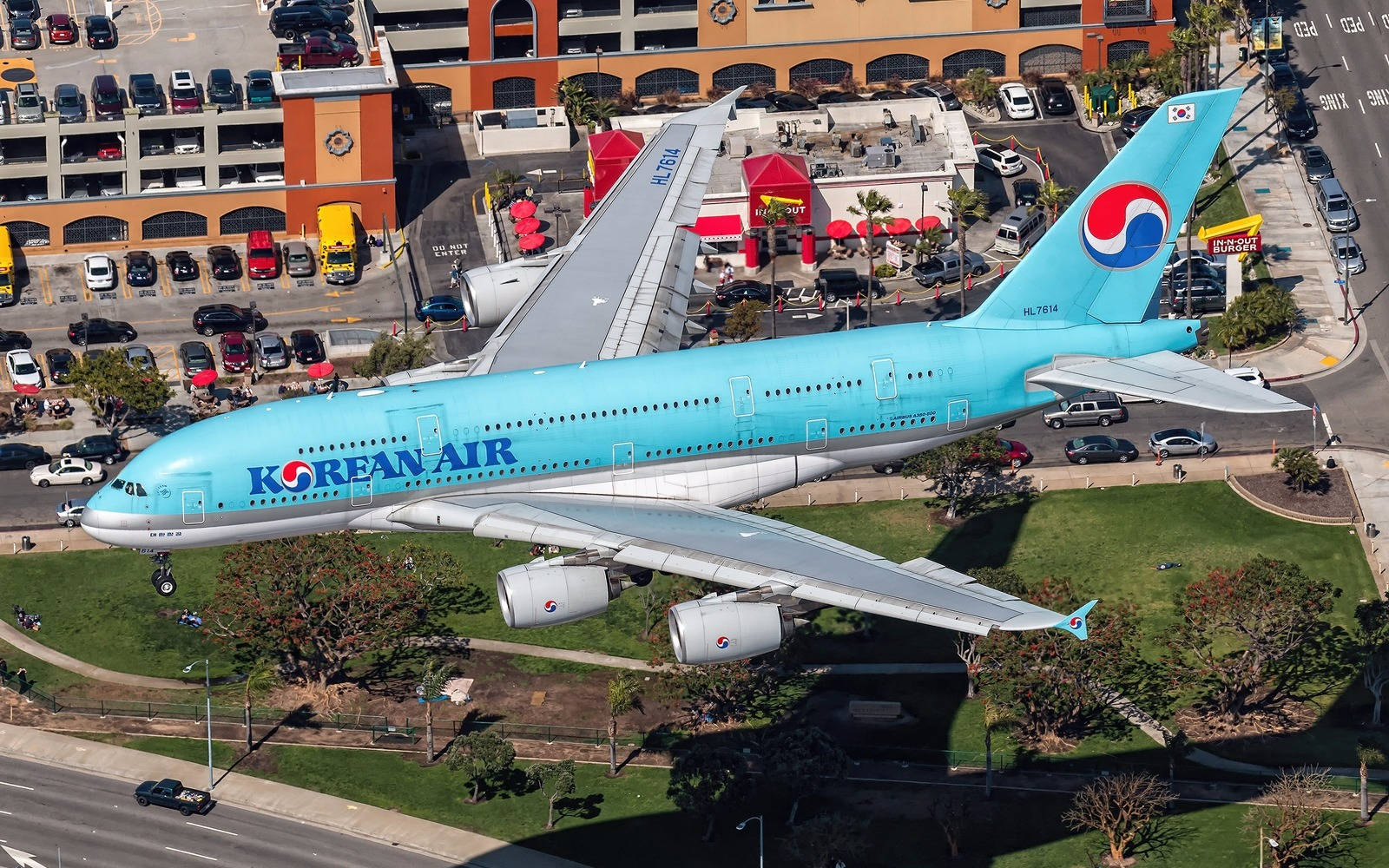 Korean Air A380 Flying Over California Background