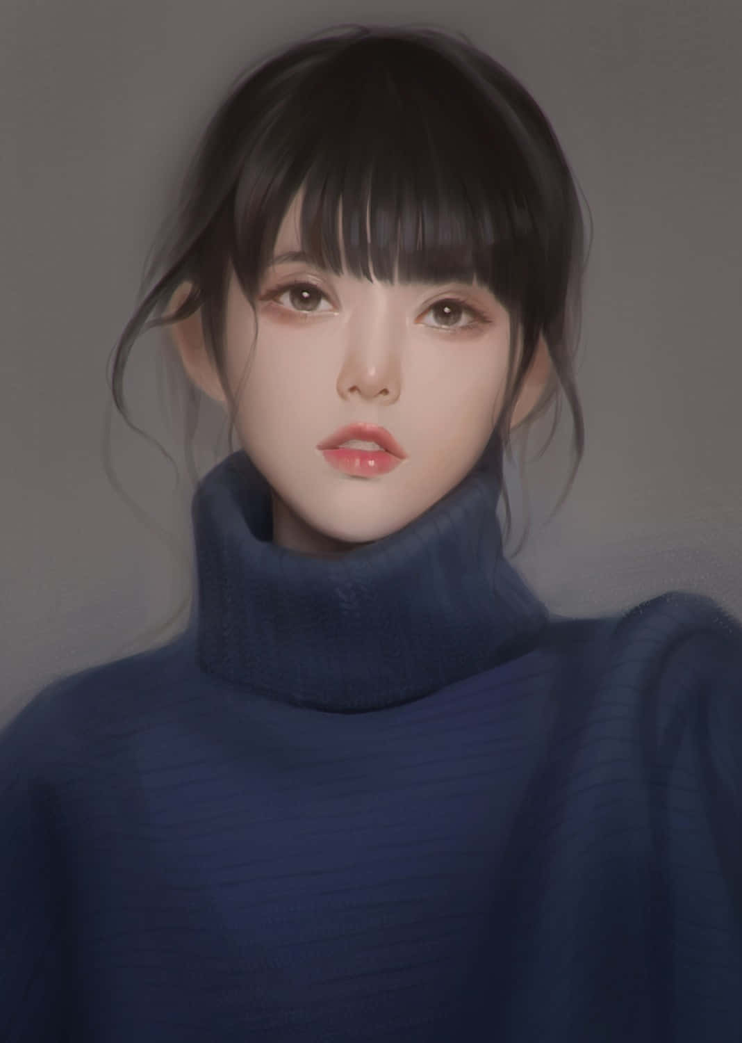 Korean Anime Girl In Blue Winter Shirt