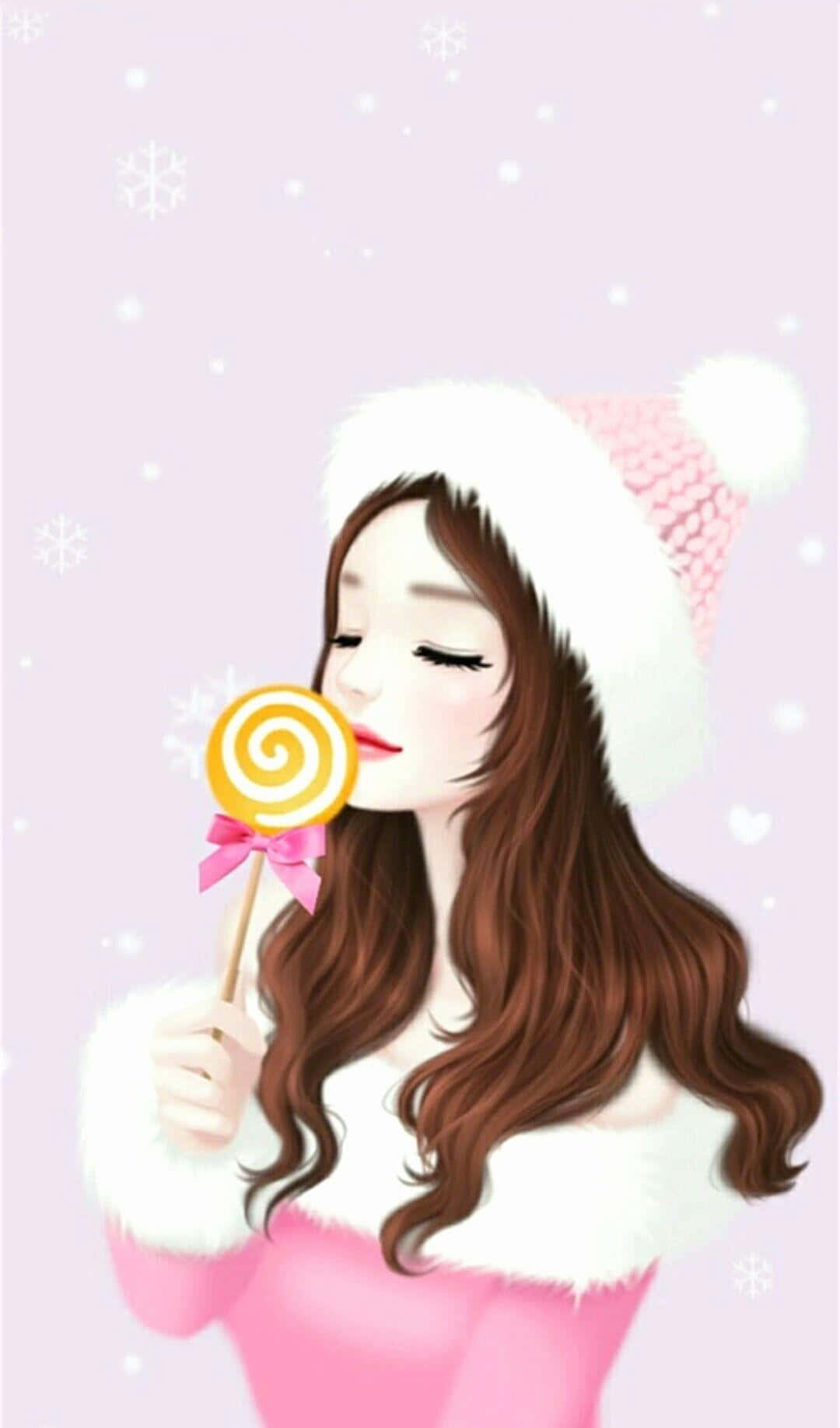Korean Anime Girl In Pink And White Winter Outfit Background