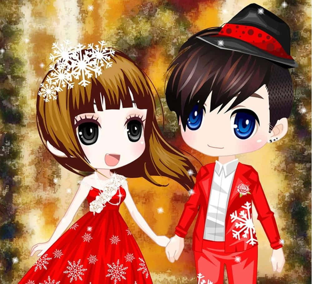 Korean Anime Girl In Red Dress With Lover Background