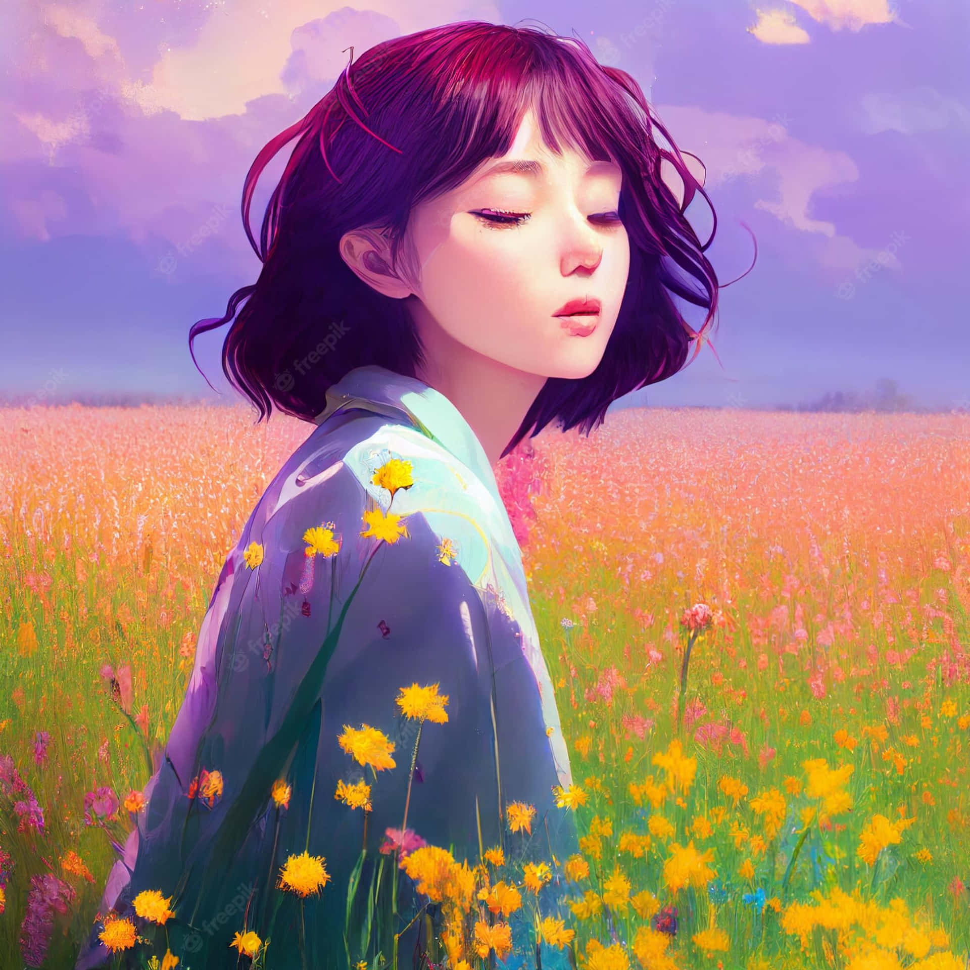 Korean Anime Girl On A Field Of Flowers
