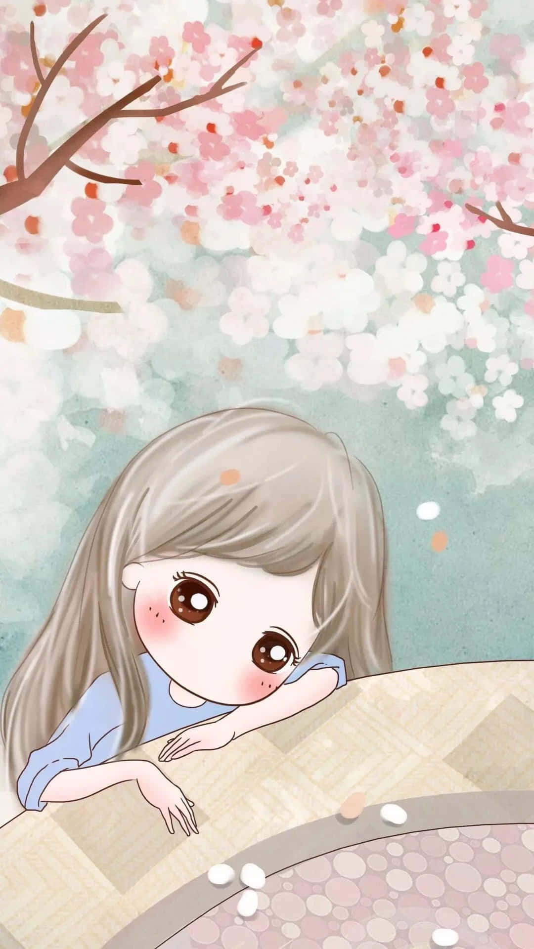 Korean Anime Girl Watercolor Of Falling Flowers Background