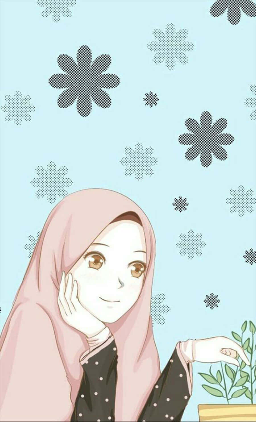 Korean Anime Girl Wearing Pink Hijab Background