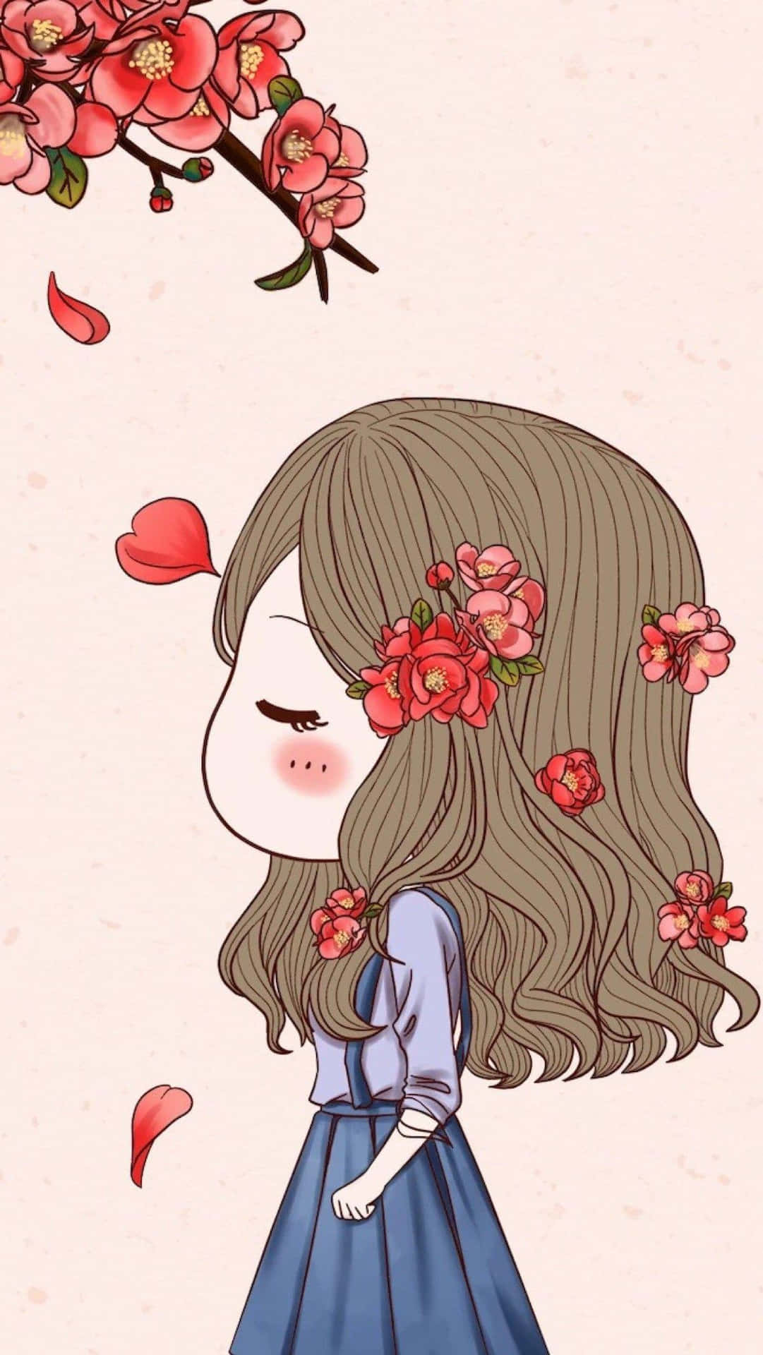 Korean Anime Girl With Falling Red Flowers Background