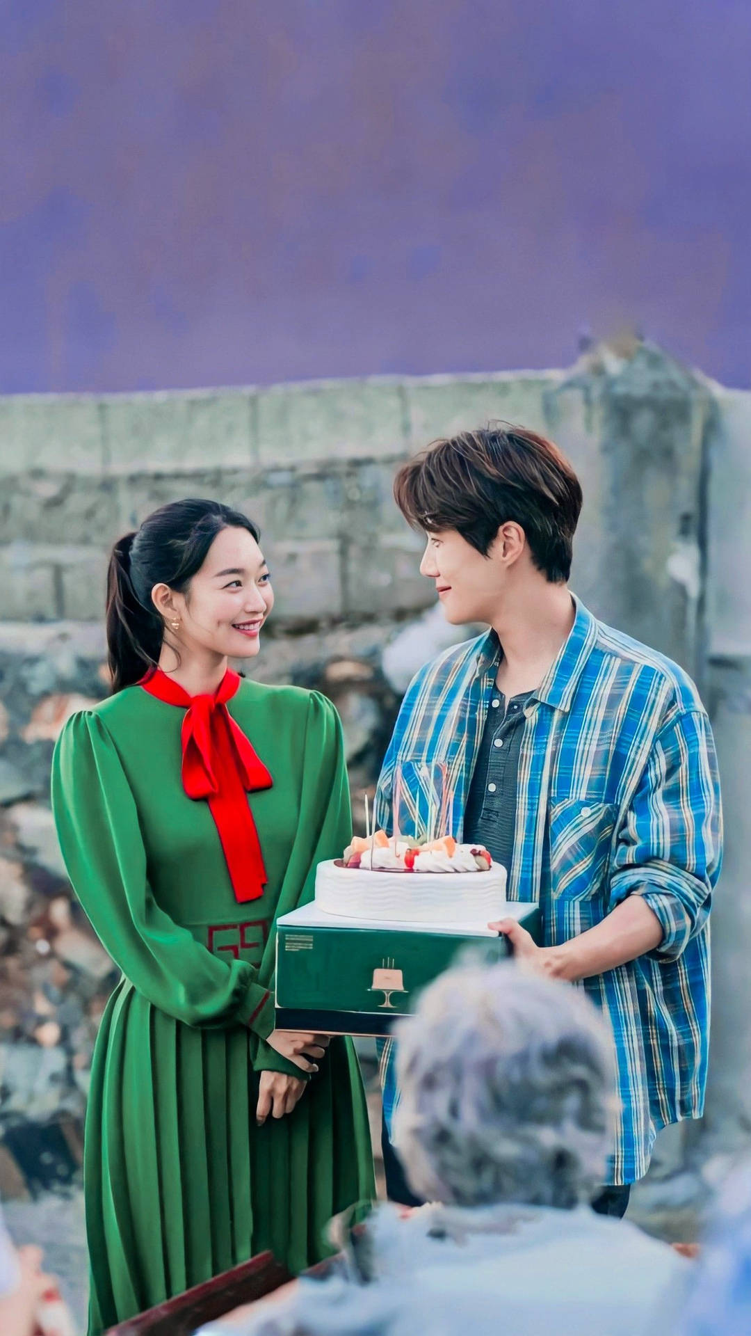 Korean Drama Couple Holding Cake Background