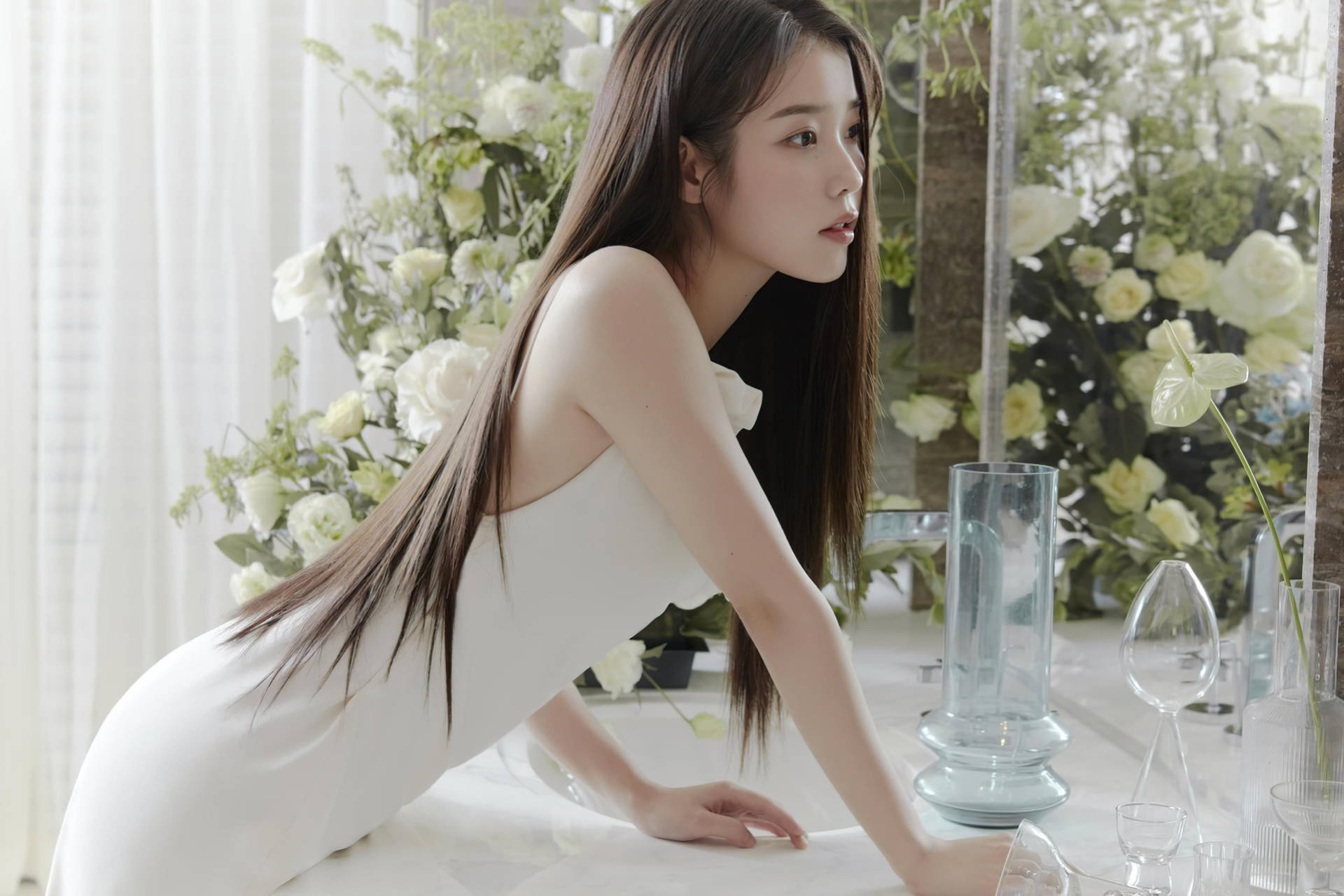 Korean Girl In White With Roses Background