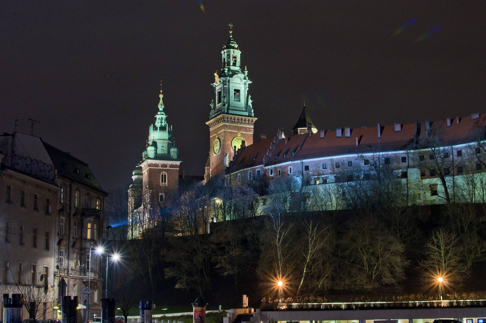 Krakow Poland's Wawel Royal Castle's Towers At Night, Background