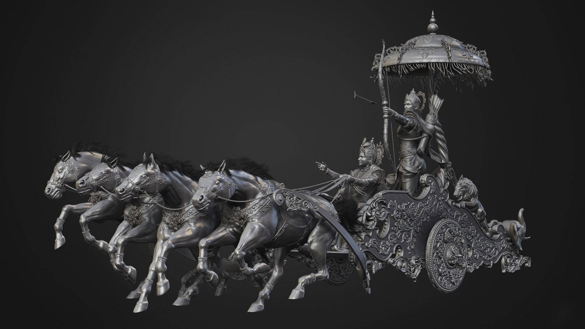 Krishna Arjun Kapi Dhwaja Chariot Sculpture Background