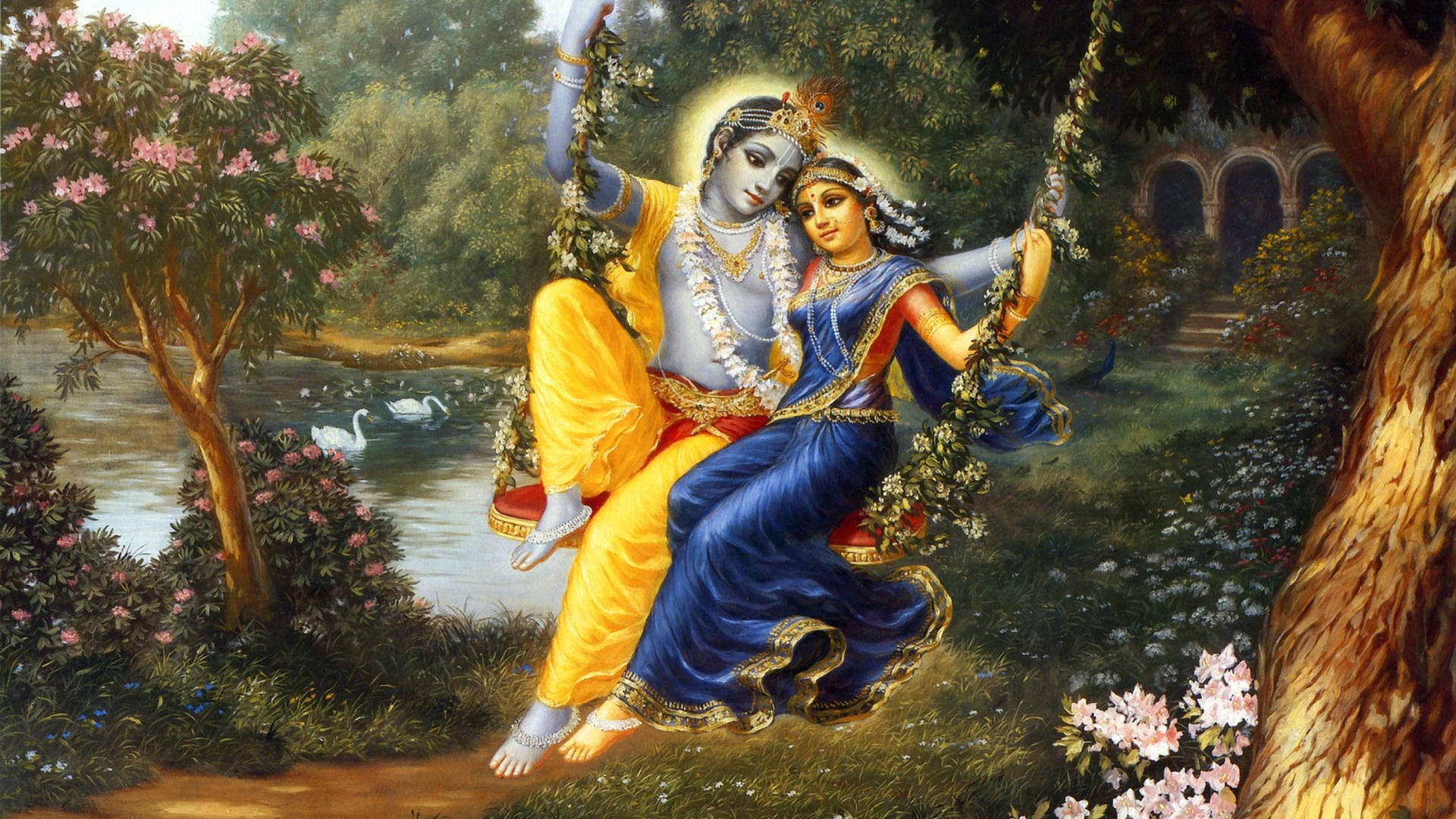 Krishna Bhagwan And Radha On Flower Swing Background