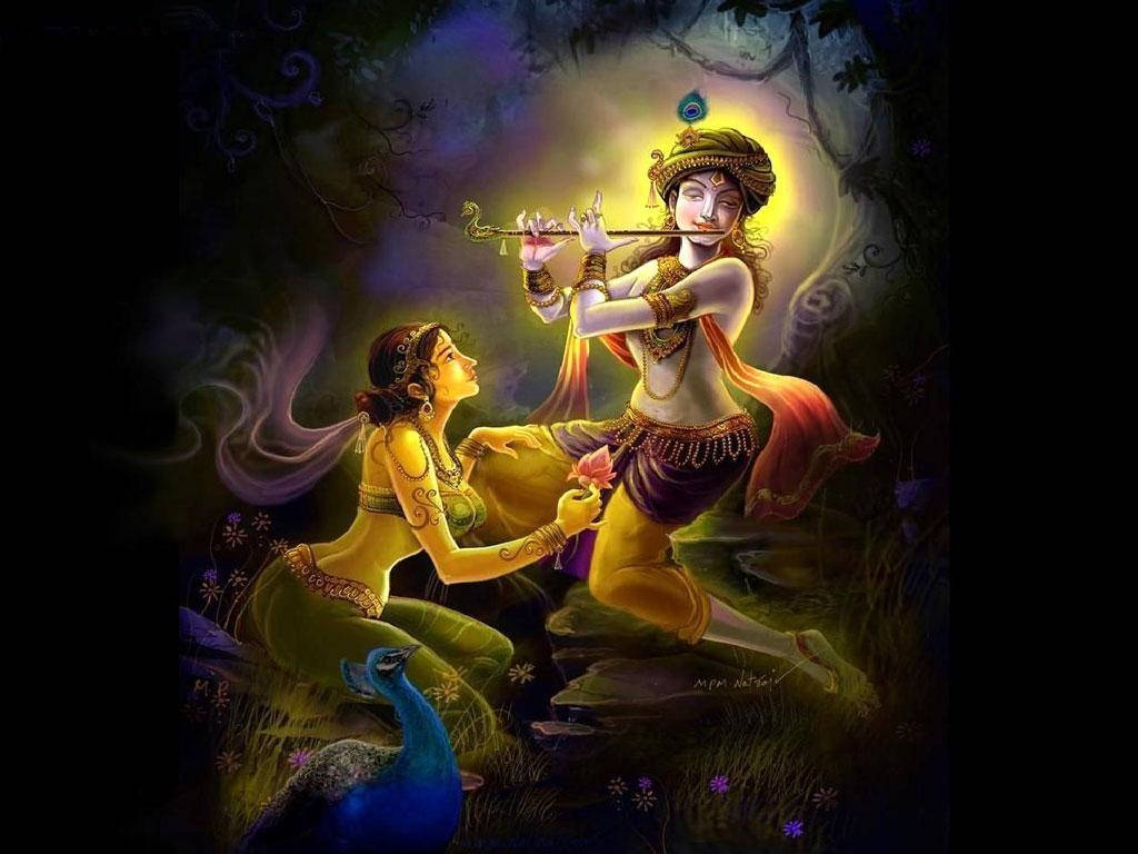 Krishna Bhagwan Playing Flute For Radha In Forest Background
