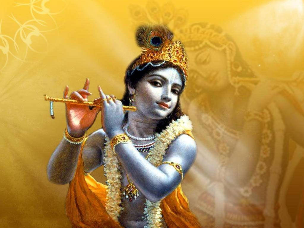 Krishna Bhagwan Playing Flute On Gold Background