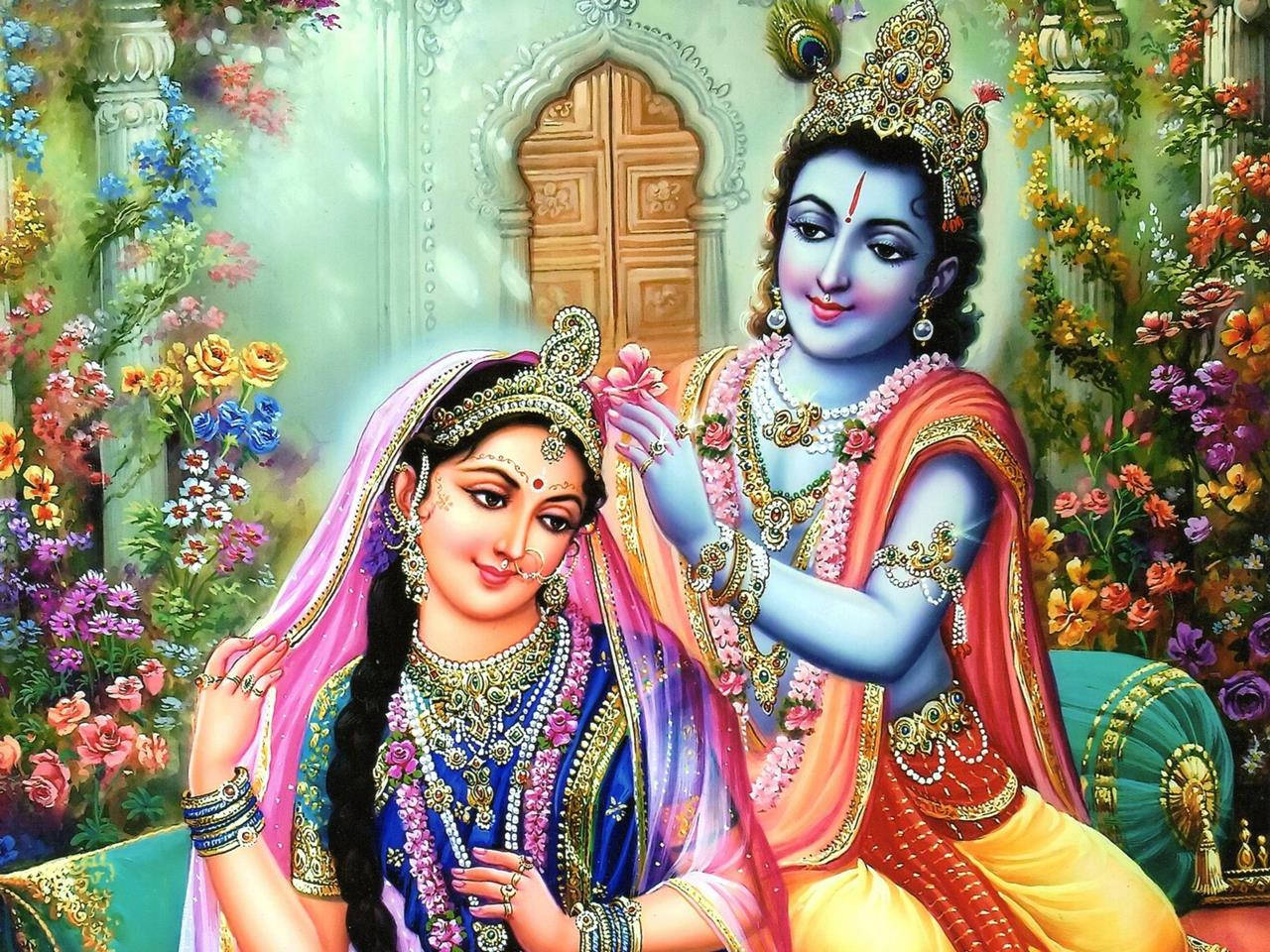 Krishna Bhagwan Putting Flower On Radha's Hair Background