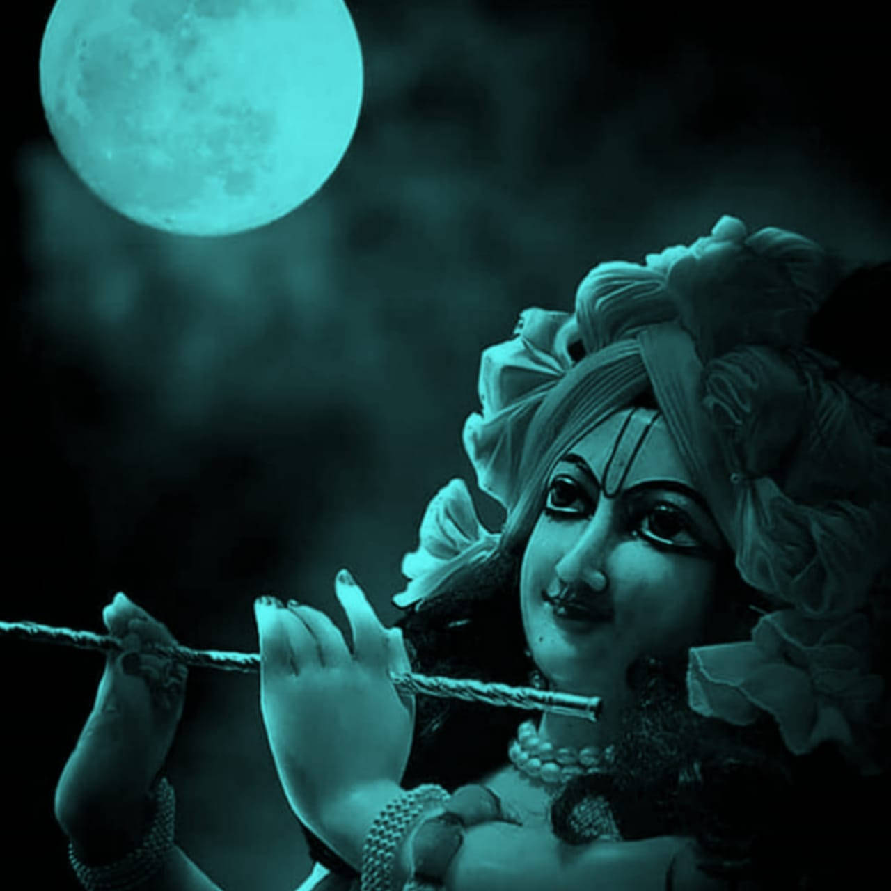 Krishna Bhagwan Statue Under Moonlight Background