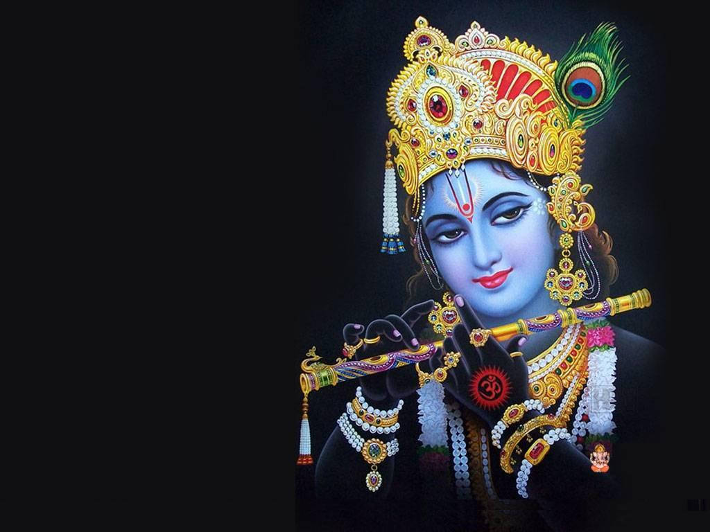 Krishna Bhagwan With Blue Face And Flute Background