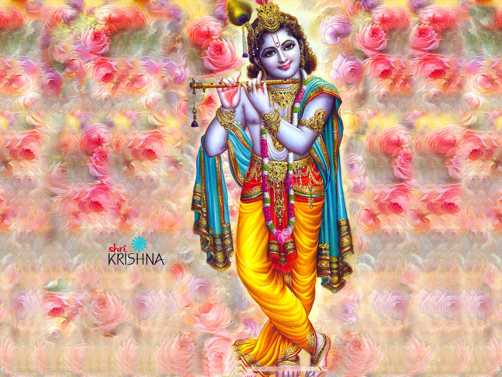 Krishna Bhagwan With Flower Background Background