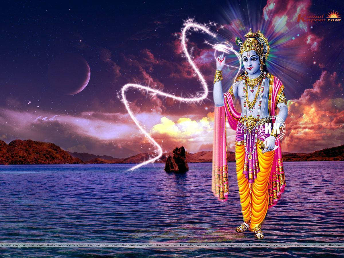 Krishna Desktop Standing On The Sea Background