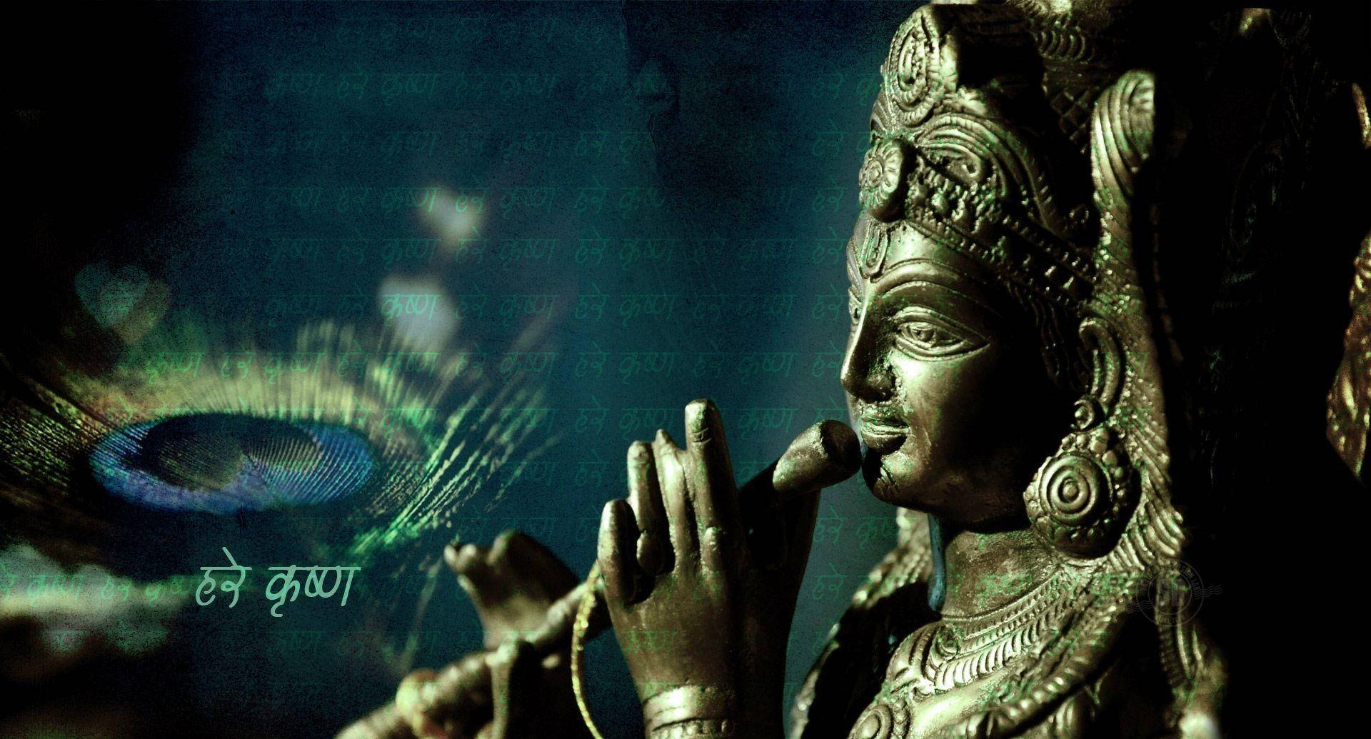 Krishna Desktop Statue With A Flute Background