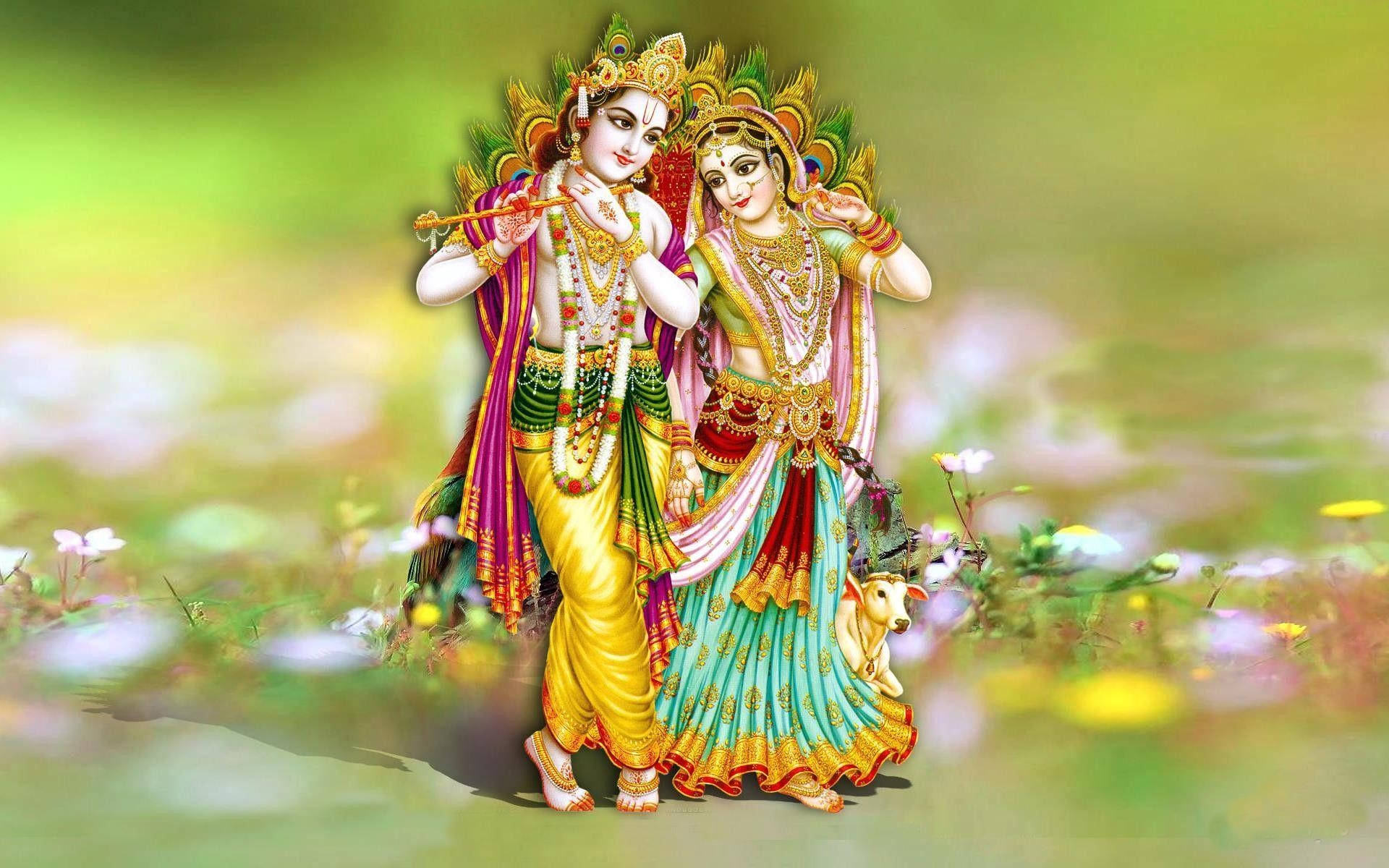 Krishna Desktop With Radha Walking Through Nature Background