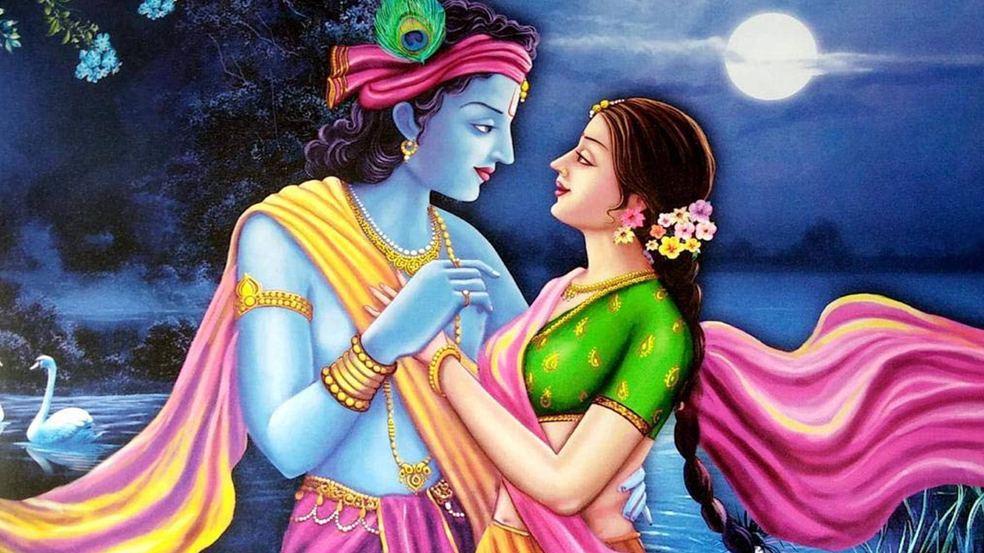 Krishna God 3d And Radha Moonlit