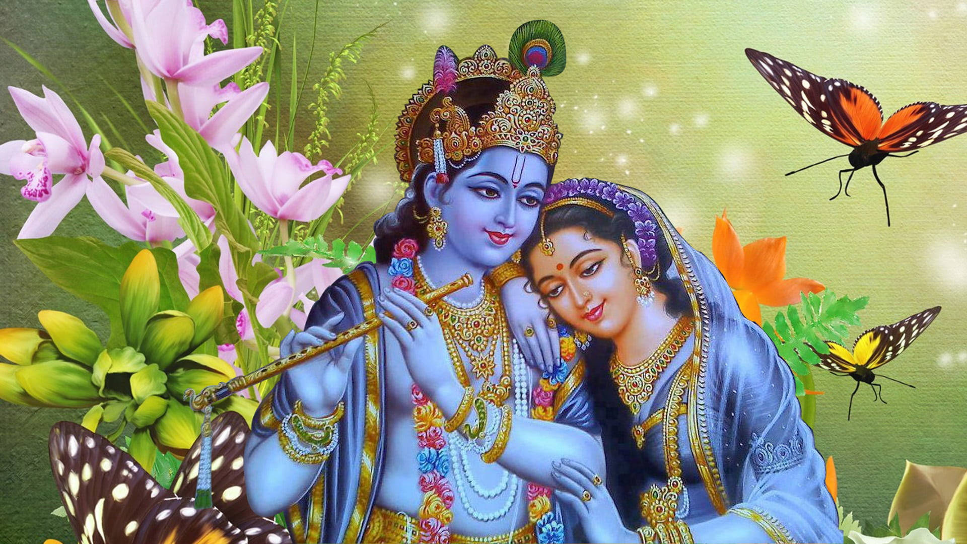 Krishna God 3d Flowers And Butterflies Background
