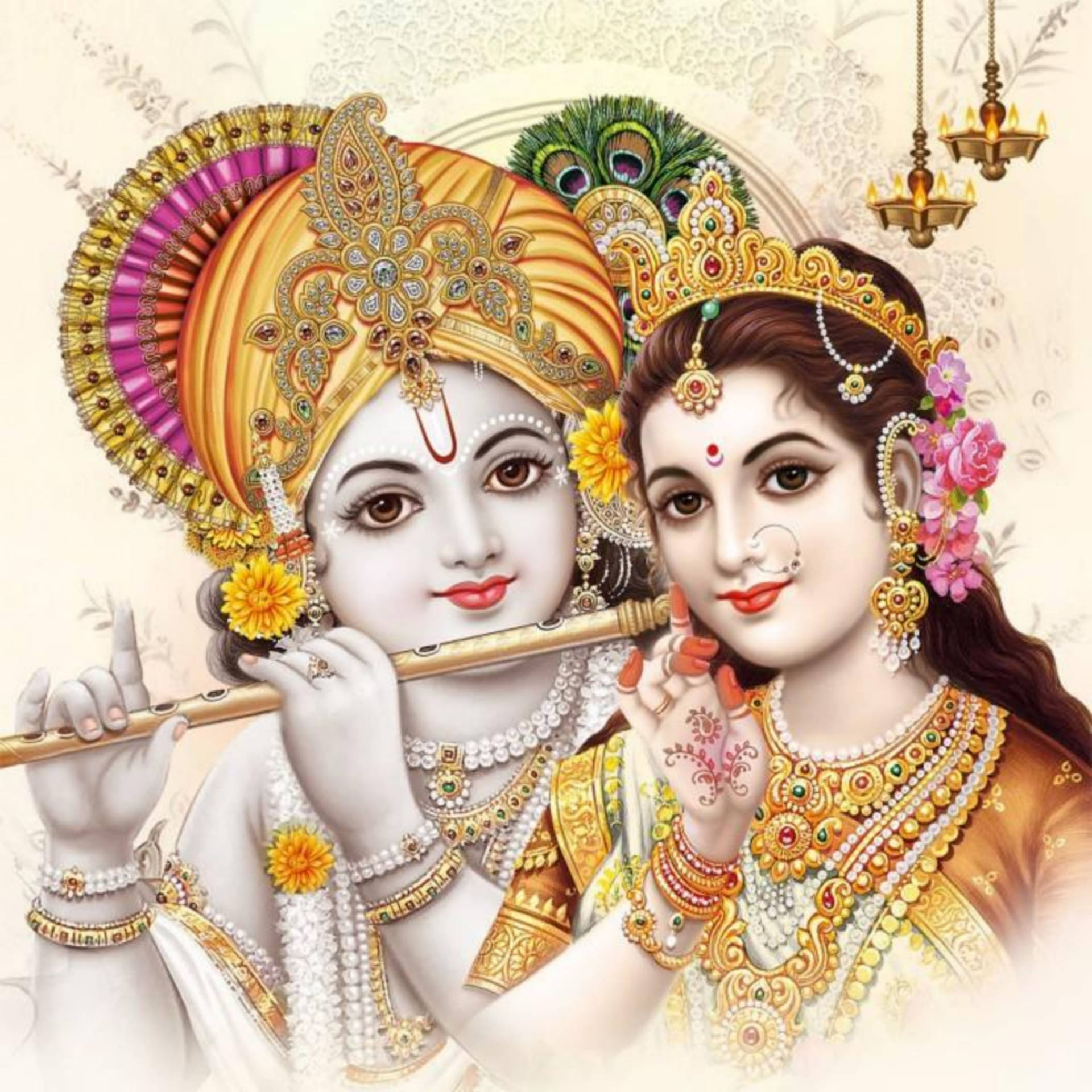 Krishna Ji And Radha In Gold Ensembles