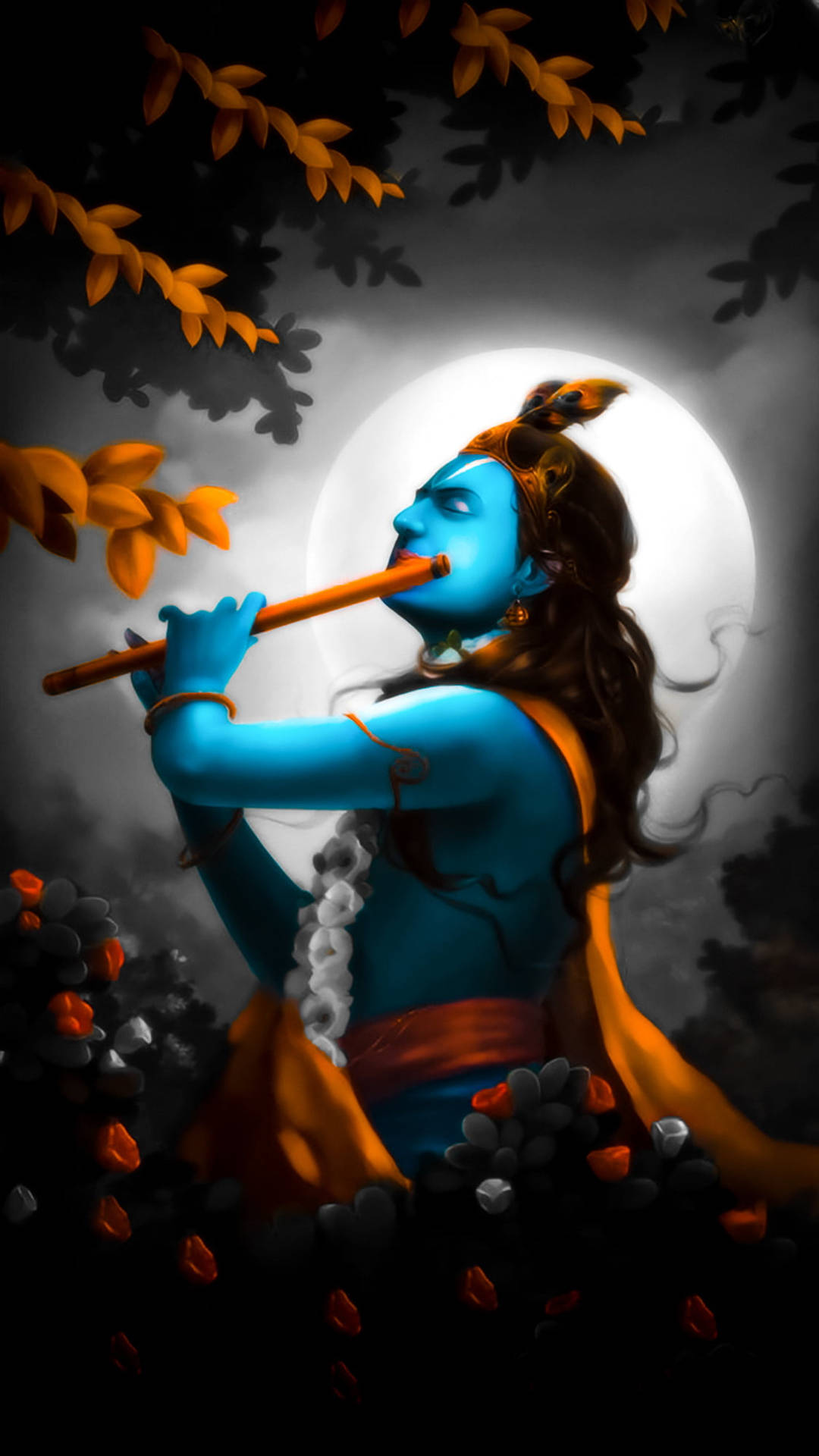 Krishna Ji Playing Flute At Night Background