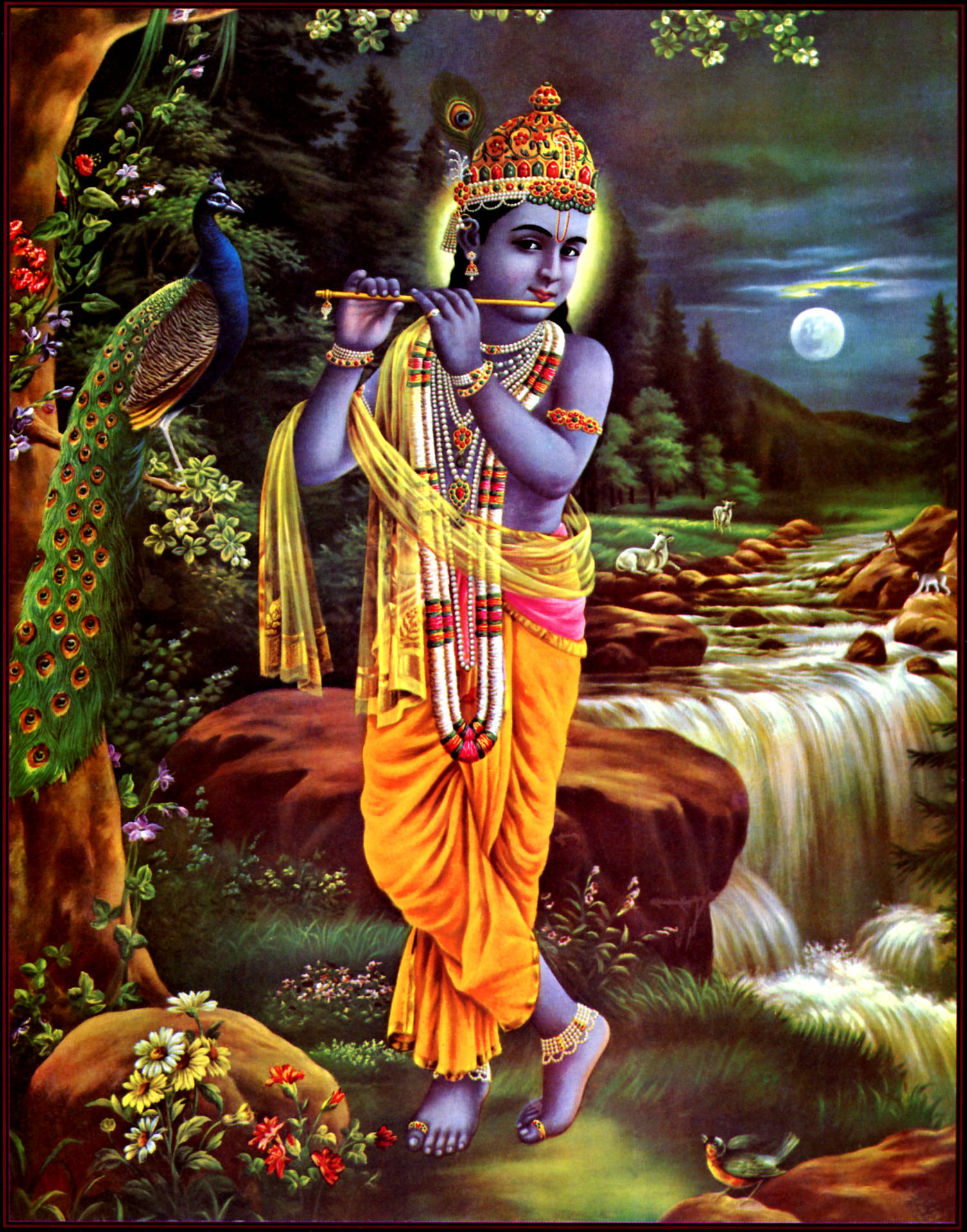 Krishna Phone Playing Flute By Waterfall Background