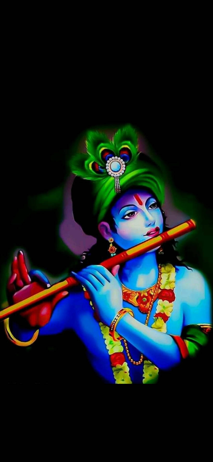 Krishna Phone Playing Flute Green Headdress