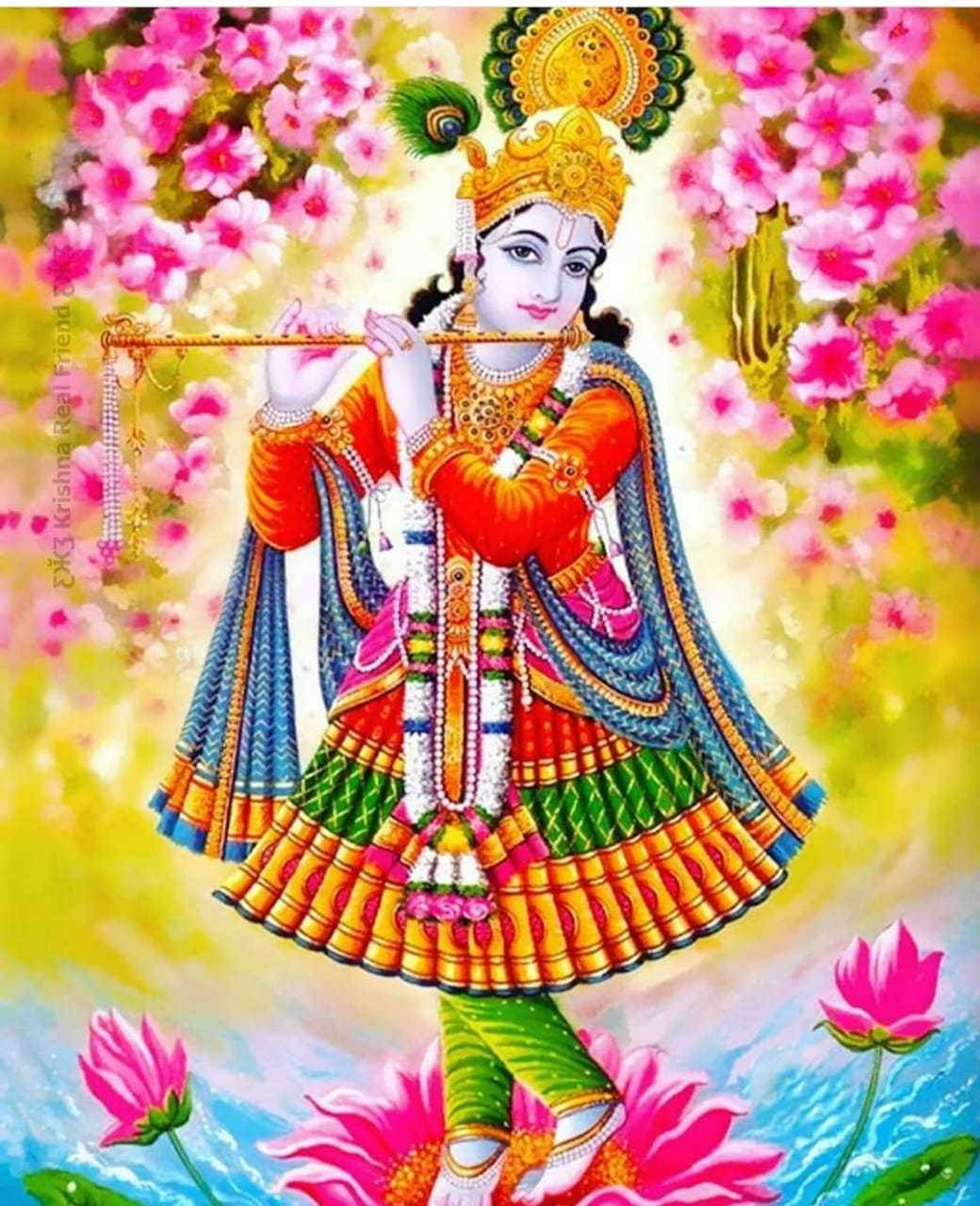 Krishna Phone Playing Flute On Lotus Background