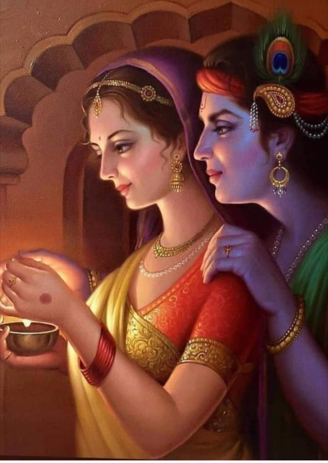Krishna Phone Radha Looking At Candle Background
