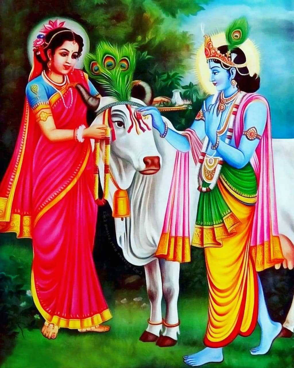 Krishna Phone Radha Painting Cow Background