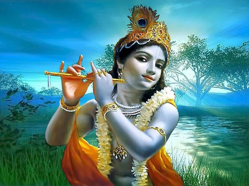 Krishna Playing Flute Beside River Background