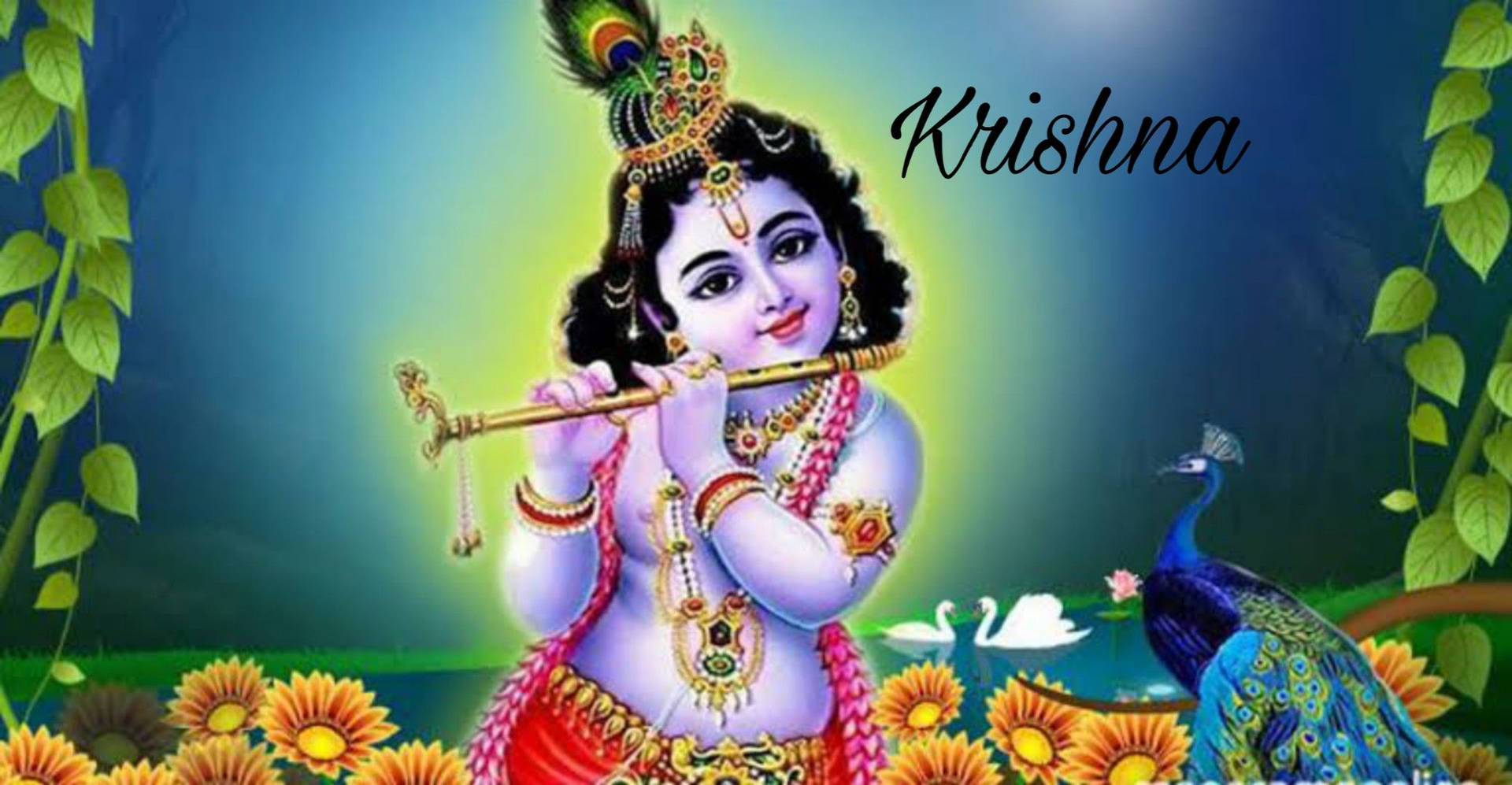 Krishna With Flute Drawing Background