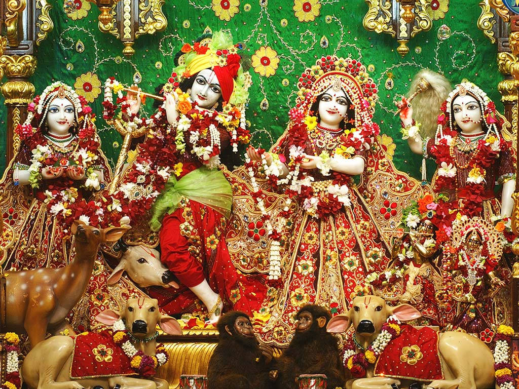 Krishna With His Three Consorts In Iskcon Temple Background